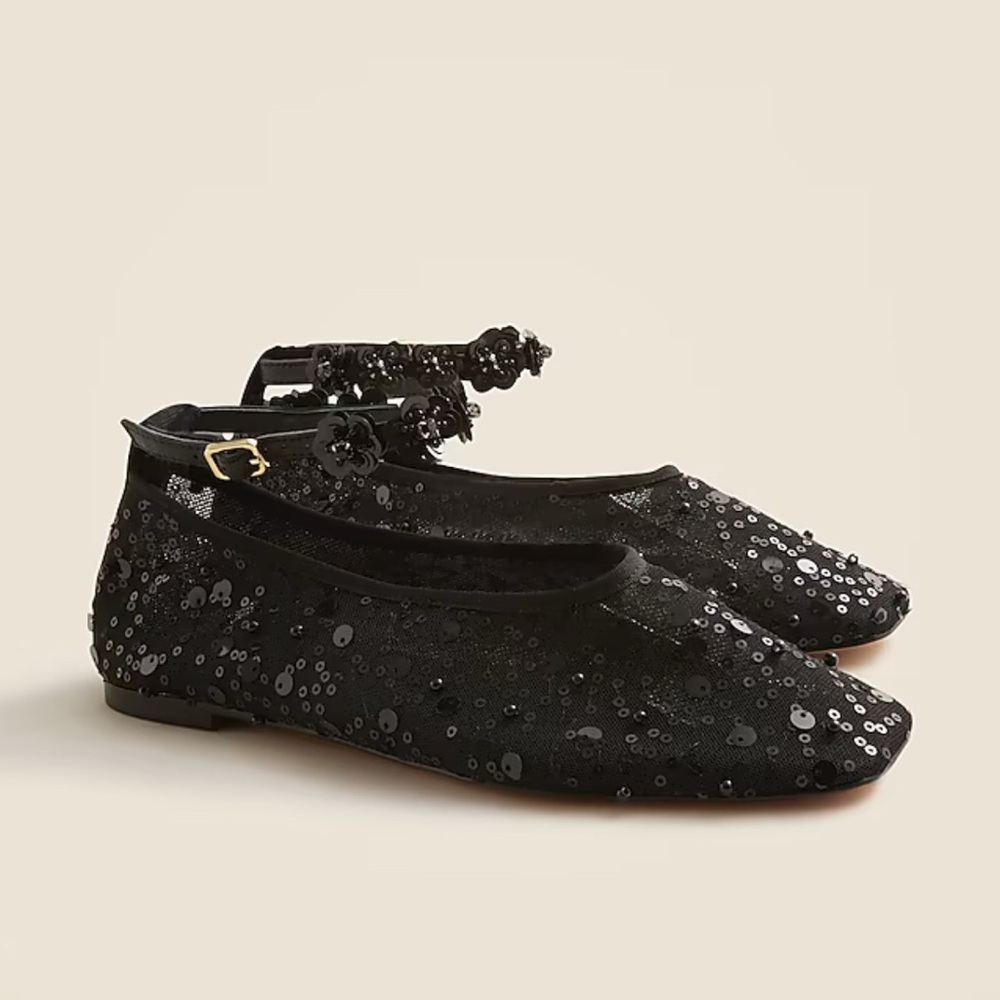 J.Crew Quinn embellished removable ankle-strap ballet flats in sequin and mesh